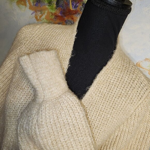 Wool Knit Beige Long Cardigan Sweater With Tie Belt - Picture 5 of 11